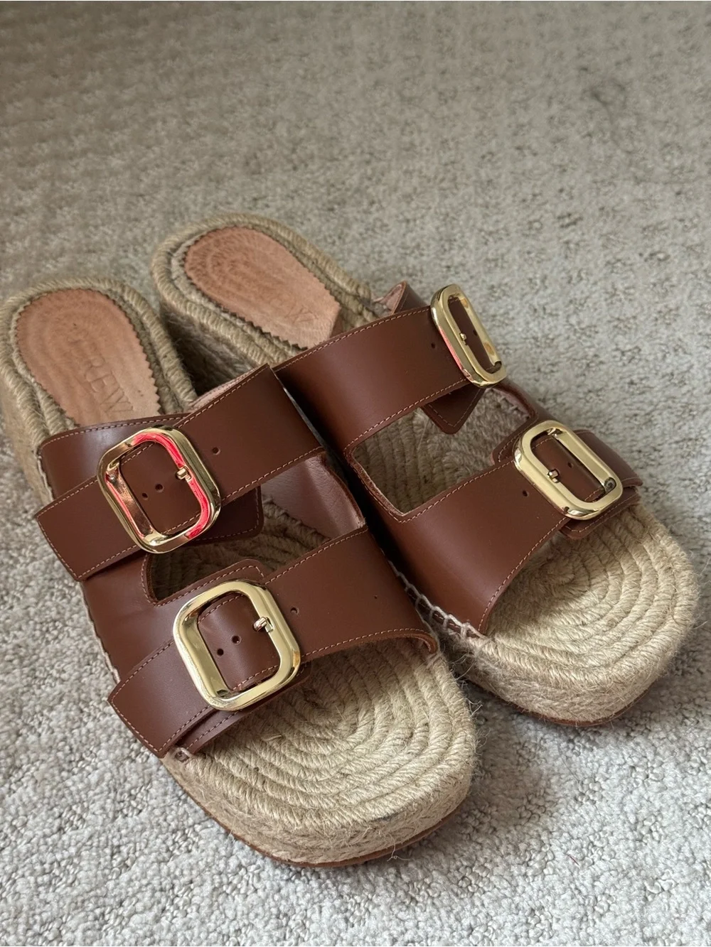 Jcrew Brown Leather Espadrille Platform Slide with Gold Buckles